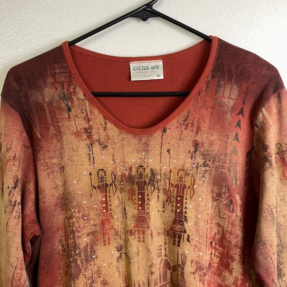 Cactus Top Womens Size XL Red Aztec Embellished Rhinestones Cotton Shirt Casual - Picture 3 of 9